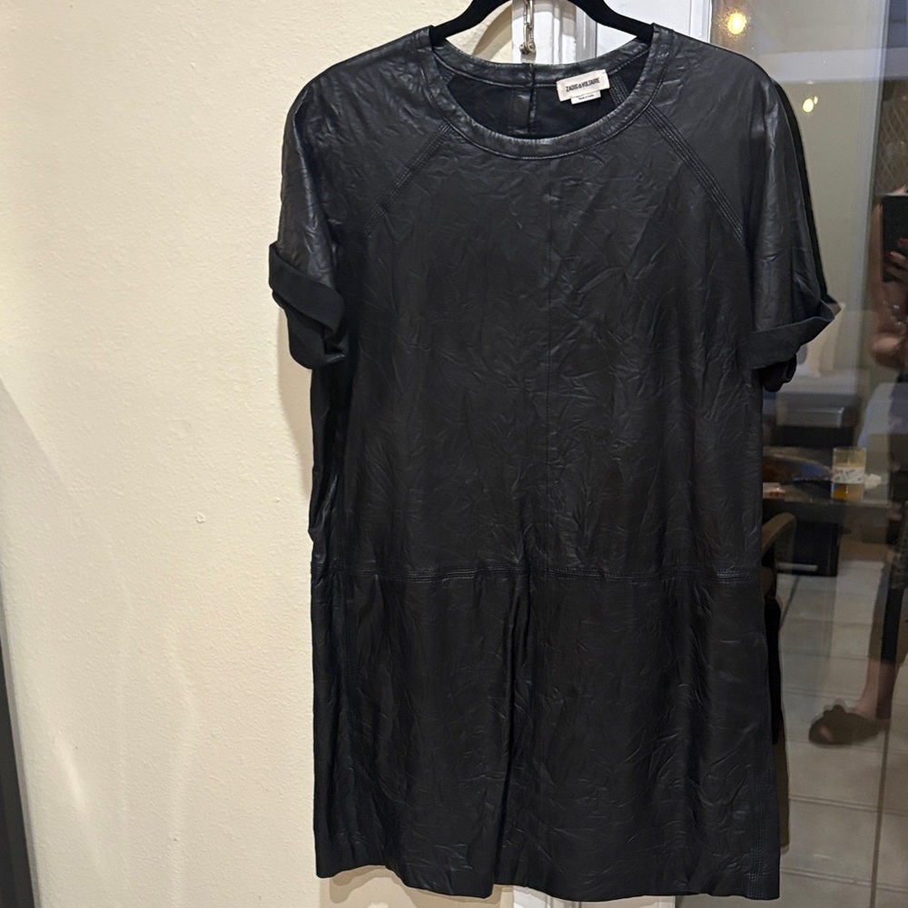 Zadig and Voltaire Black Short Sleeve Faux Leather Tunic Dress